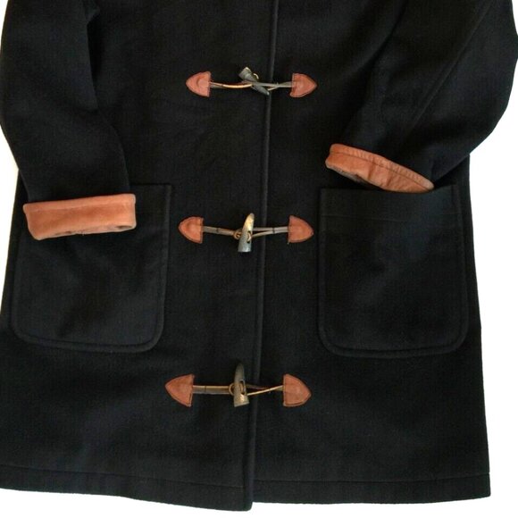 VINTAGE 100% WOOL LEATHER TRIM HOODED DUFFLE COAT WOMENS 10 BLACK MADE IN USA - Picture 2 of 14